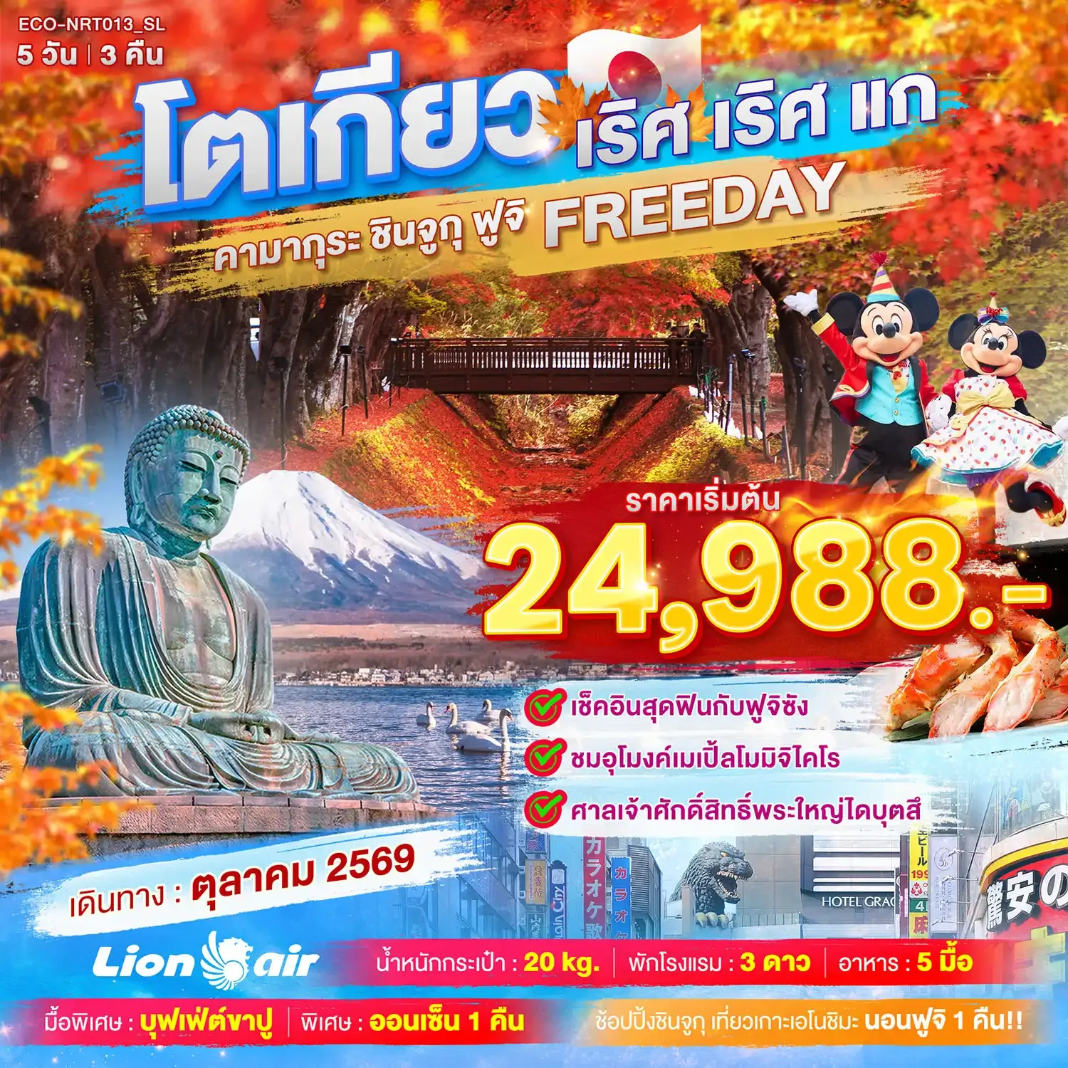 ทัวร์ญี่ปุ่น TOKYO เริศ เริศแก คามากุระ ชินจูกุ ฟูจิ FREEDAY 5วัน 3คืน (SL)